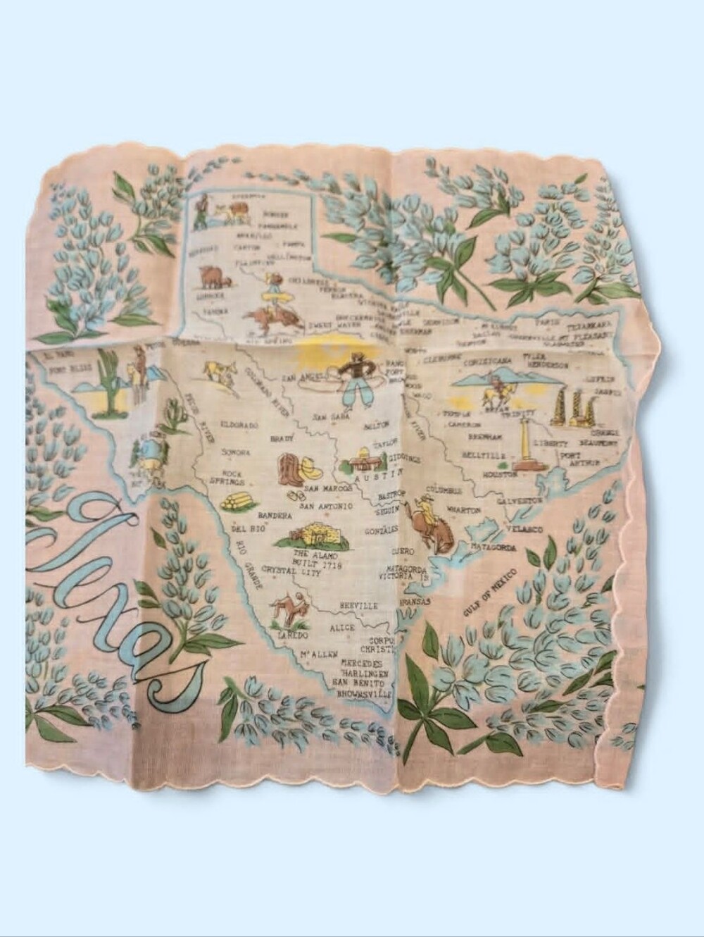 TEXAS Novelty Handkerchief Cotton, Gladewater spelled incorrectly, Pink scallop